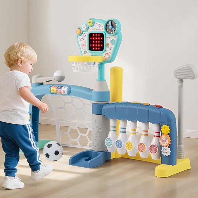 OLAKIDS Toddler Basketball Hoop, 5 in 1 Adjustable Baby Activity Sports Center with Soccer Bowling Baseball Golf Set, Indoor Outdoor Foldable Kids Play Toy with Lights Music for Boys Girls