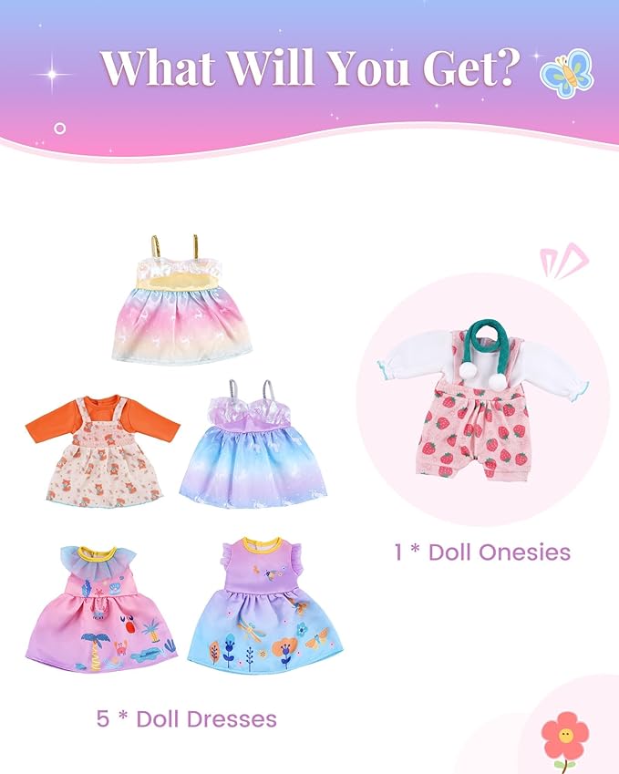 BABESIDE 6 Sets of Baby Doll Clothes for 14-18 Inch Dolls, Cute Babydolls Clothes and Dolls Dress with Baby Doll Accessories for Kids Pretend Play Toys