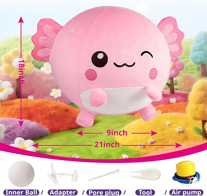 Hopper Ball for Kids 5-8, 29in/73cm Salamander Stuffed Animal, Inflatable Axolotl Gifts for Girls First Birthday Gift, Outdoor Indoor Soft Play Equipment, Pink(Pump Included)