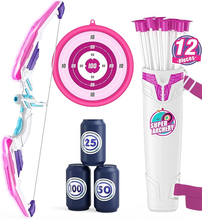 Bow and Arrow for Kids, LED Light Up Archery Set with 12 Suction Cup Arrows, 1 Hanging Target, 3 Score Targets & 1 Quiver, Indoor Outdoor Sport for Boys Girls Ages 4-12, Purple