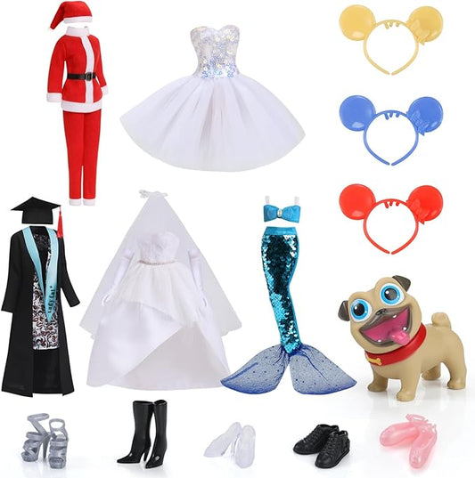 11.5 inch Themed Doll Clothes & Accessories – Educational Role Play Gift Set for Girls with 5 Outfits (Christmas, Wedding, Graduation, Mermaid, Ballet), 1 Puppy, 5 Shoes & 3 Headbands (No Doll)