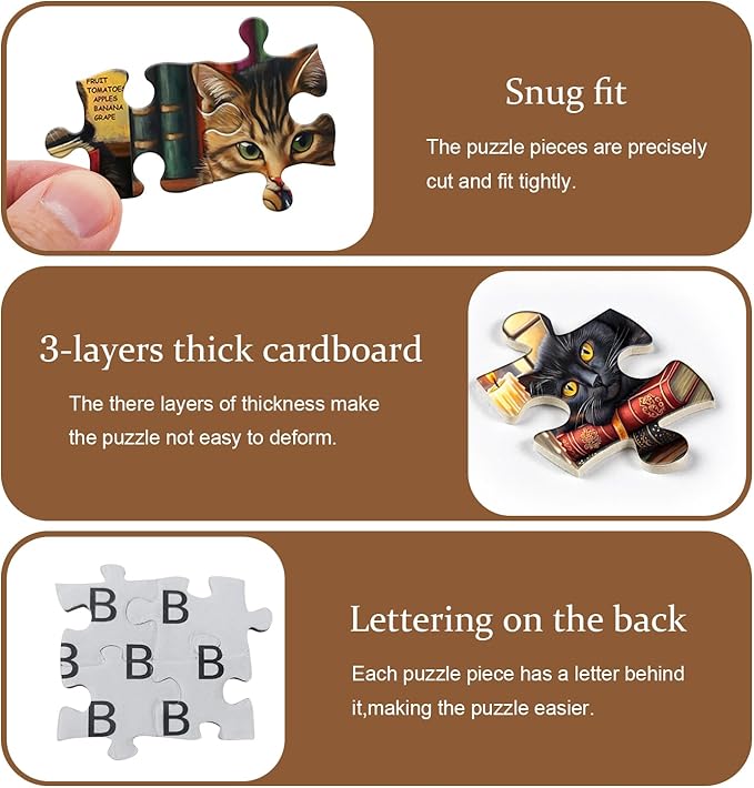 Vintage Cat Puzzles for Adults 1000 Pieces，PICKFORU Retro Cat Library Themed, Book Kitten Bookshelf Jigsaw Puzzles Collage Challenge