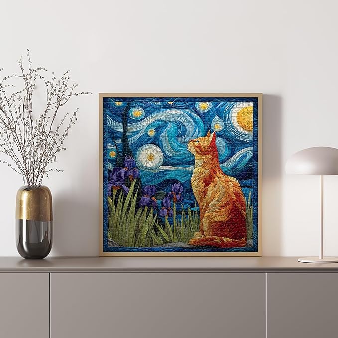 Cat Puzzles for Adults 1000 Pieces, PICKFORU Starry Night Animal Kitten Puzzle, Van Gogh Plant Flower Kitty Challenge Jigsaw Puzzle Scenic