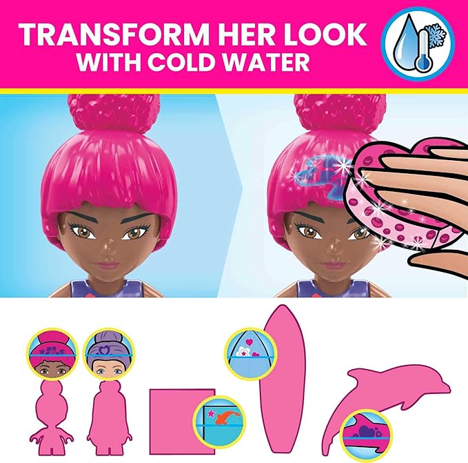 MEGA Barbie Color Reveal Dolphin Exploration Toy Building Set with 10+ Surprises, 2 Micro-Dolls and 2 Dolphins, Toy Gift Set for Girls and Boys, Ages 5 and up