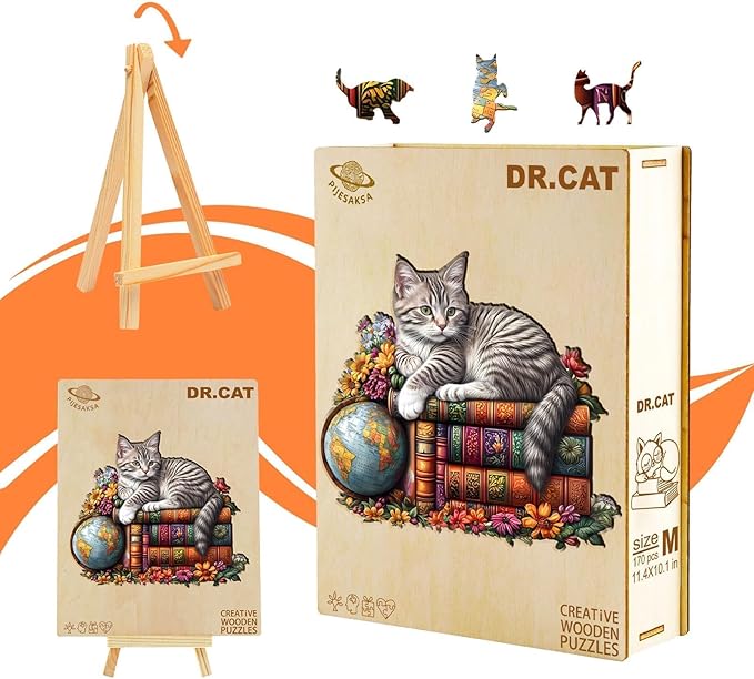Wooden Puzzles for Adults - Dr. Cat Puzzle for Adults, Unique Shape Wooden Jigsaw Puzzle, Wood Puzzles Adult, Good Gift Idea for Cat Lovers, Home Decor (S-8.5 * 7.5in-90 Pieces)