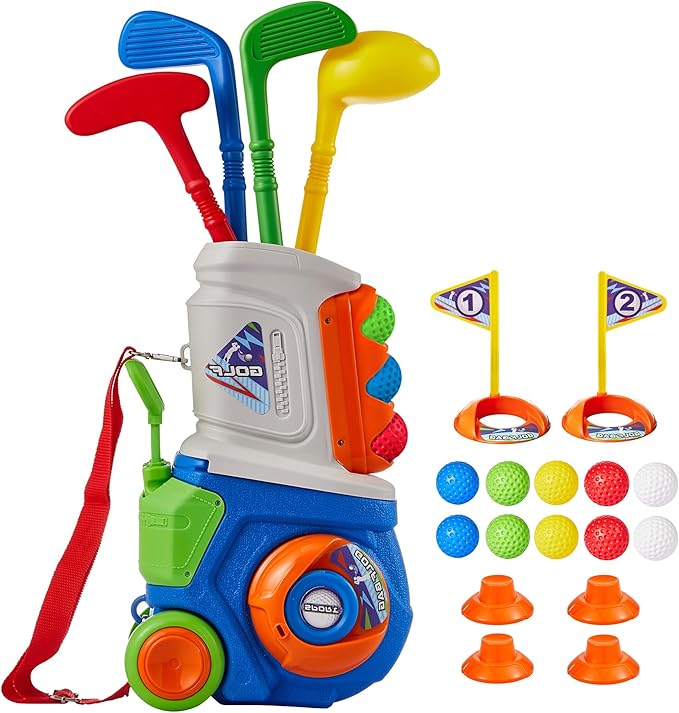PJG Toddler Golf Set, Plastic Kids Golf Clubs Ages 1 2 3 4 5 Years Old with 4 Golf Clubs and 10 Balls, Indoor and Outdoor Golf Toys with Cart for Toddlers Boys and Girls Birthday Gift (Blue)