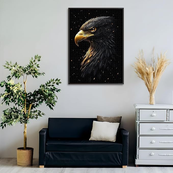 Black Flame Eagle Jigsaw Puzzle 1000 Pieces for Adults, Majestic Bald Eagle Bird Puzzles with Gold Beak and Dark Feathers, Wildlife Animal Jigsaw Puzzle, Unique Challenging Impossible Hard Puzzle