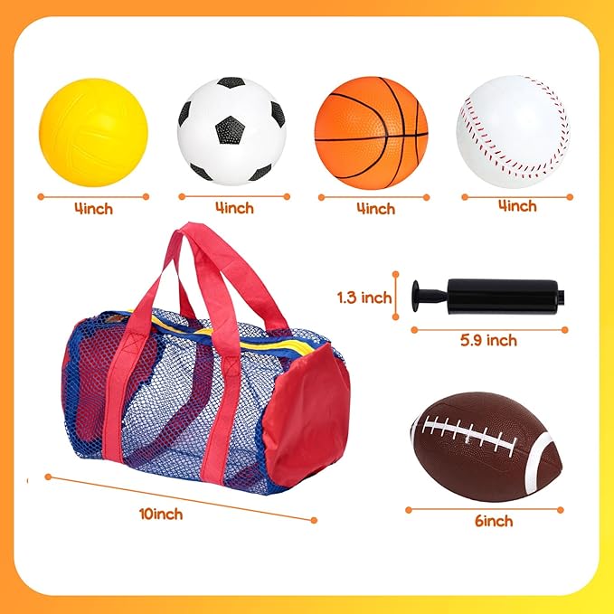 LovesTown Sports Balls for Kids, 5 Pack Inflatable Playground Balls Rubber Kickballs Dodgeballs with Duffle Bag, for Kids Toddlers Indoor Outdoor Toys