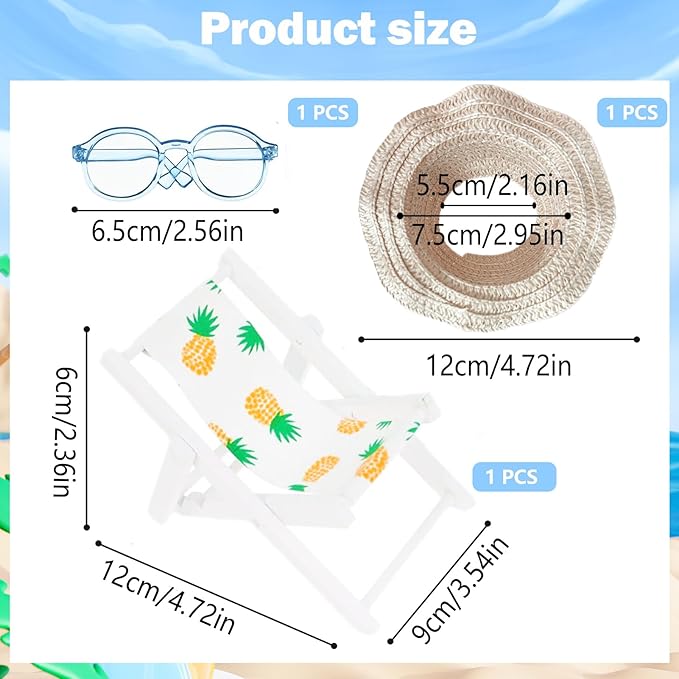 Doll Accessories Compatible with Labubu, Wooden Mini Folding Chair with Sunglasses & Straw Hat for 15cm/17cm Dolls,No Doll