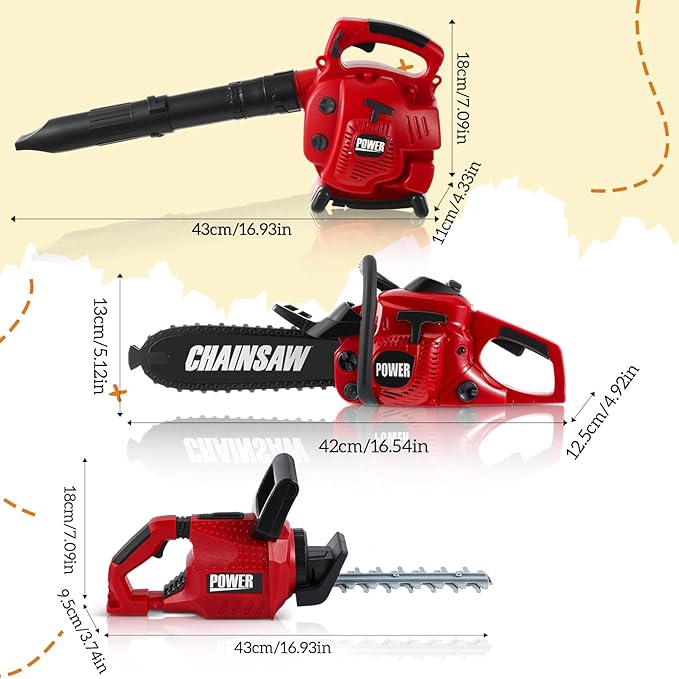 3 Pcs Toy Gardening Tool Set for Kids Toy Leaf Blower Hedge Trimmer Chainsaw Pretend Set with Lights and Sounds Christmas Birthday Gifts for Boys Girls