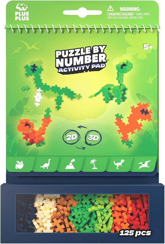 PLUS PLUS Puzzle by Number Activity Pad, Kids Travel Activities, Interlocking Mini Building Blocks, 3D Puzzle Stem Toy for Kids - Dinosaurs