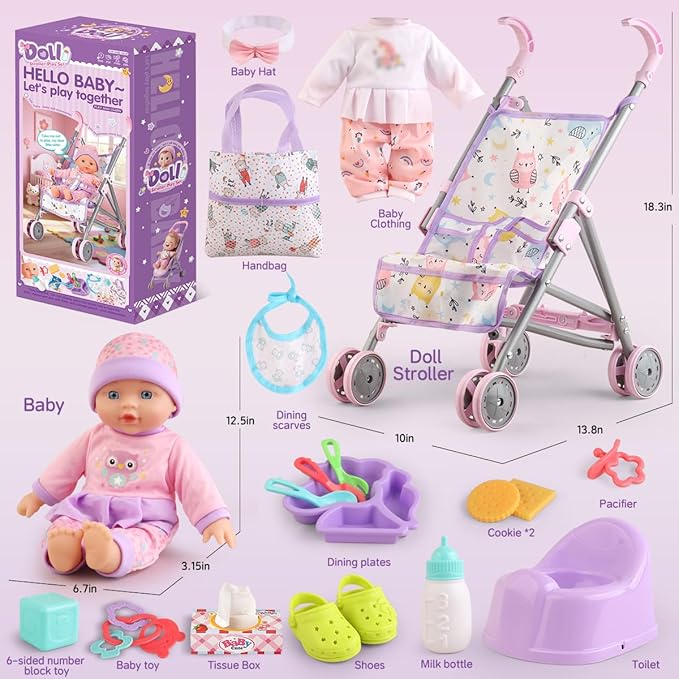 Baby Doll with Stroller Set for Realistic Pretend Play for 3 4 5 6 7 Year Old Toddler Girls Gifts. Baby Stroller Toys includes 12.5-inch Baby Dolls, 2 sets Doll Clothes and 17 PCS Doll Accessories