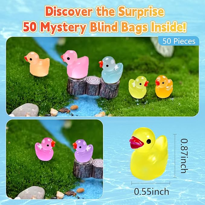 50 Pcs Glow in The Dark Mini Resin Ducks Blind Bag Set – Small Luminous Duck Figurines for Fairy Garden, Dollhouse, Craft Decoration, Party Favors and Collectible Toys