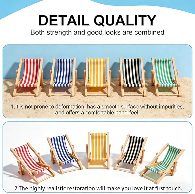 6Pcs 1:12 Scale Mini Wooden Folding Beach Chair, Miniature Sunbathing Lounge Deck Chair, Dollhouse Outdoor Furniture Accessories (MiniBeachChair)