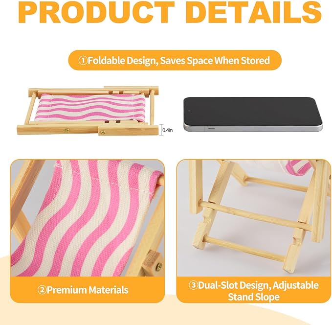 Cute Doll Car Seat for Labubu, Premium Foldable Beach Lounger for 4-7in Dolls, Beautiful Doll Display Accessories, Portable Phone Holder & Stand(Pink-White Striped Design)
