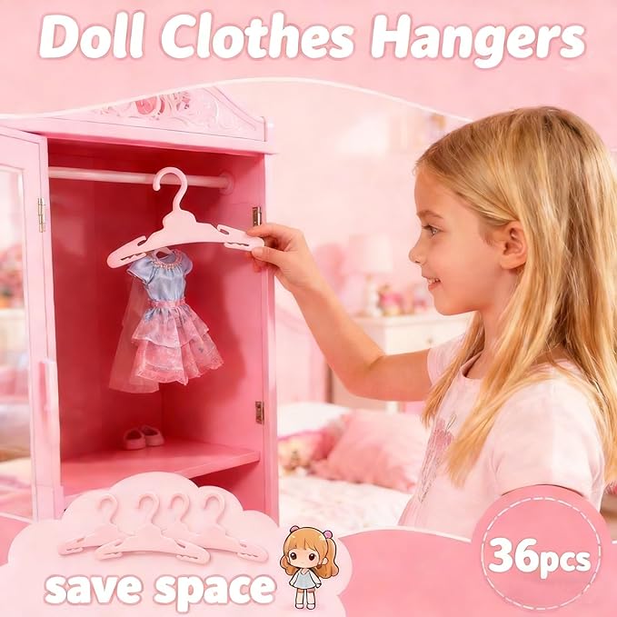 24 Pcs Doll Clothes Hangers for 18-Inch Dolls - Non-Slip, Space-Saving Wardrobe Accessories for Doll Gowns & Outfits (Pink&Rose red)