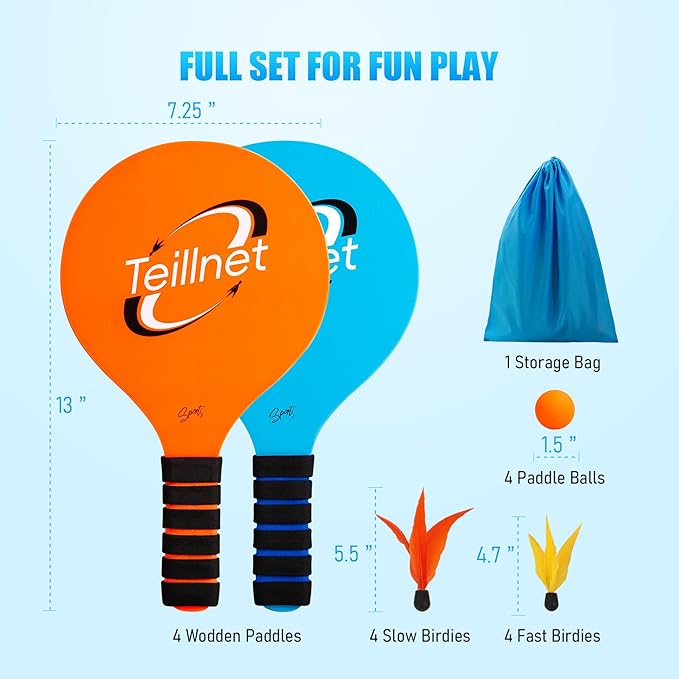 Beach Paddle Ball Set, Family Games for Kids and Adults, Badminton Set with 4 Rackets, Indoor Outdoor Sports Toys Lawn Camping Backyards Yard Games Easter Basket Stuffers Gifts for Boys Girls