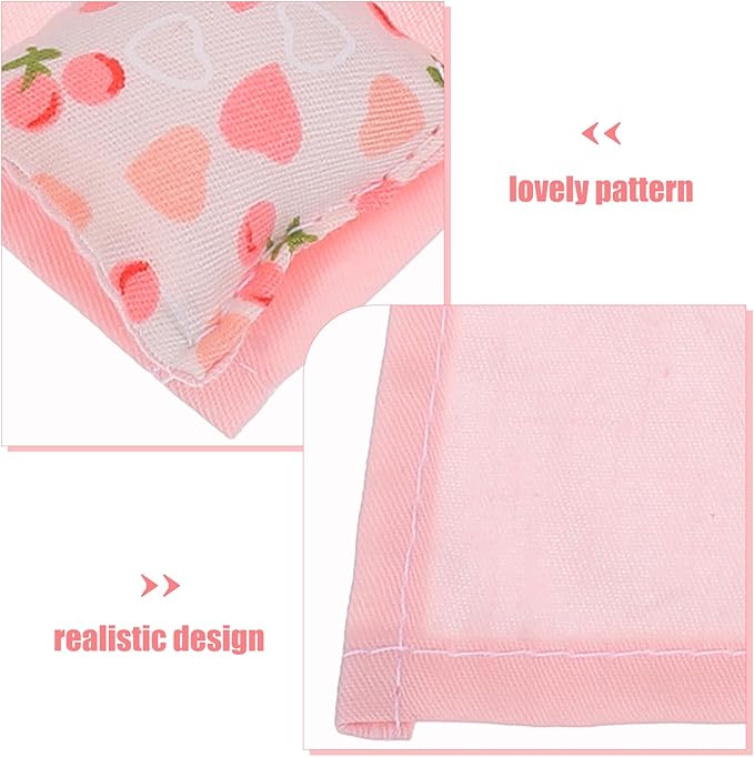 Pink Dollhouse Bedding Set 1:12 Scale Miniature Bedroom Accessories - Includes 1 Quilt, 1 Bed Sheet, 3 Pillows - Soft Fabric Doll House Furniture Accessories for Role-Playing and Mini Decor