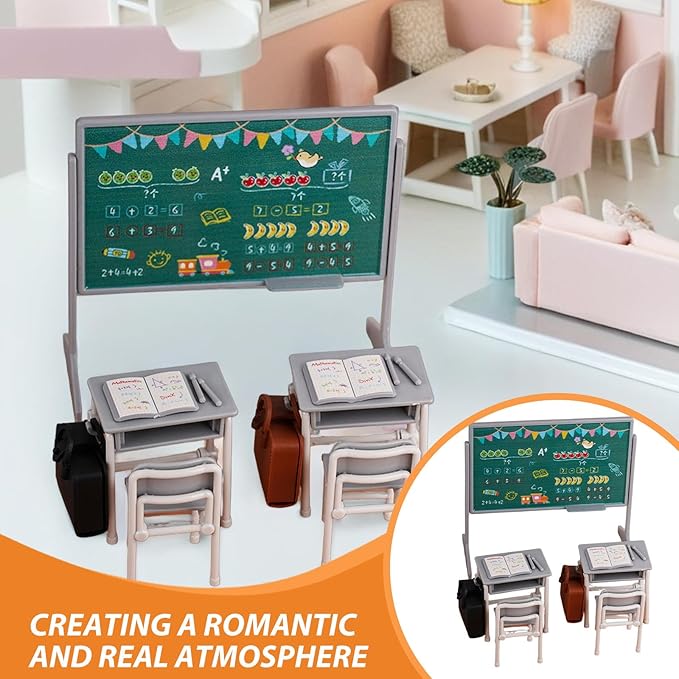 TOYANDONA 13pcs Miniature School Supplies - Doll School Supplies Mini Dollhouse Accessories Include Desk Chair Set Doll Schoolbag Blackboard Book for Miniature Classroom Furniture