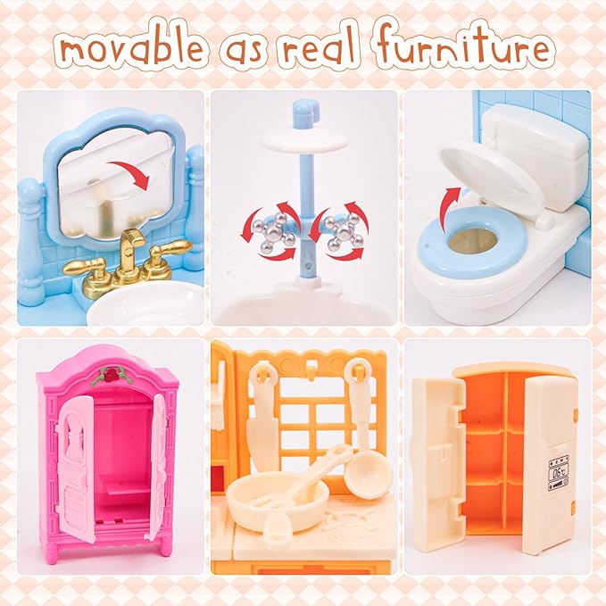 HAPGFS 45 Pcs Dollhouse Furniture Set Accessories Pretend Play Bedroom Living Room Bathroom Kitchen Doll House Mini Furniture for Kids Birthday and Christmas 4 Colors