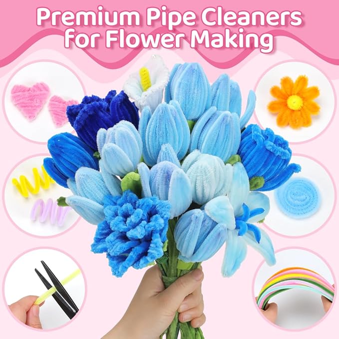 Praisebank Blue Pipe Cleaners for Crafts (400pcs with Instruction), Flower Making Kit, Chenille Stems for DIY Projecets, Arts & Crafts Supplies for Festival Party Decorations