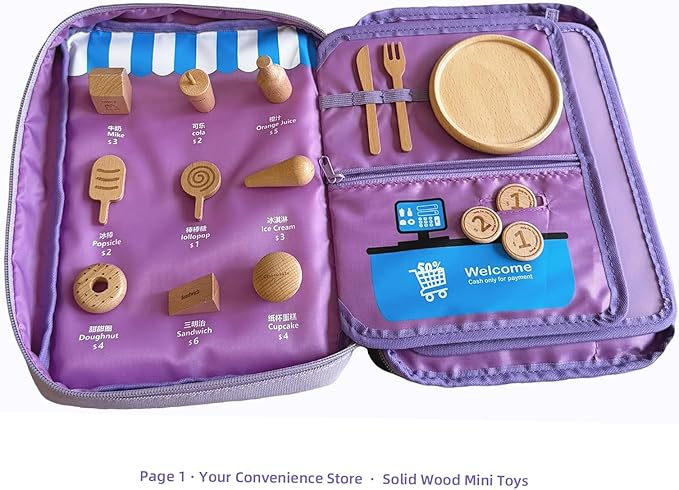 Kids' Portable Travel Toy Storage Bag, Convenience Store Cash Register Pretend Play Set with Realistic Play Food, Doll Dress-Up Outfits & Accessories, Birthday Gift for 3-8 Year Old Girls