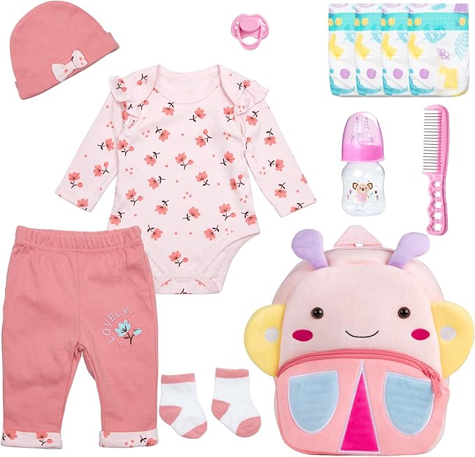 Reborn Baby Dolls Clothes Girl Outfit Accessories Pink Flower 12 Pcs for 17-22 Inches Reborn Dolls Newborn Girl with Butterfly Backpack