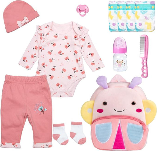 Reborn Baby Dolls Clothes Girl Outfit Accessories Pink Flower 12 Pcs for 17-22 Inches Reborn Dolls Newborn Girl with Butterfly Backpack
