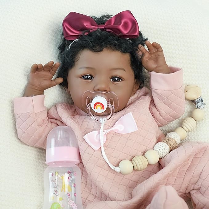 KSBD Realistic Reborn Baby Doll Black Girl – 18 Inch Lifelike African American Newborn, Real Life Handmade Soft Body with Accessories Gift Set for Kids 3+