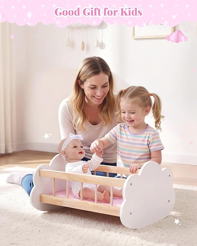 BABESIDE Wooden Baby Dolls Bed for 12-16 Inches Doll, Rocking Babys Doll Crib, Sleep Bed, Baby Dolls Accessories Furniture fit Dolls Boys Girls