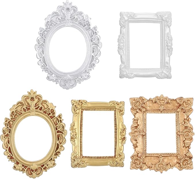 YUXIANLB 5 Pcs Miniature Dollhouse Mirror Set with Carved Golden Edges, European Style Victorian Baroque Wall Decor for 1/12 Scale Dollhouse Display, Mini Furniture Accessory Gold, White, Silver