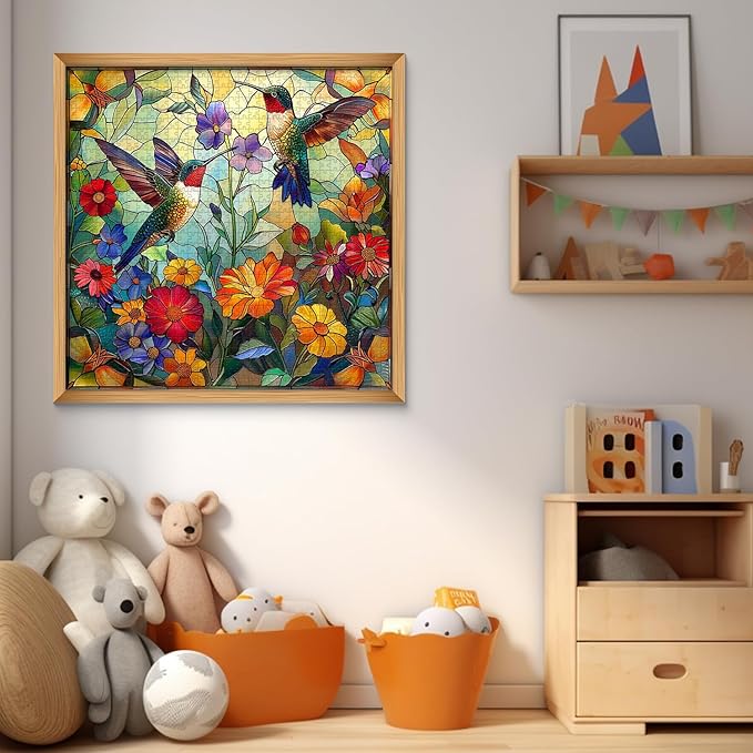 Stained Glass Puzzles for Adults 1000 Pieces, PICKFORU Colorful Flower Hummingbird Jigsaw Puzzles, Mosaic Bird Puzzles as Home Decor