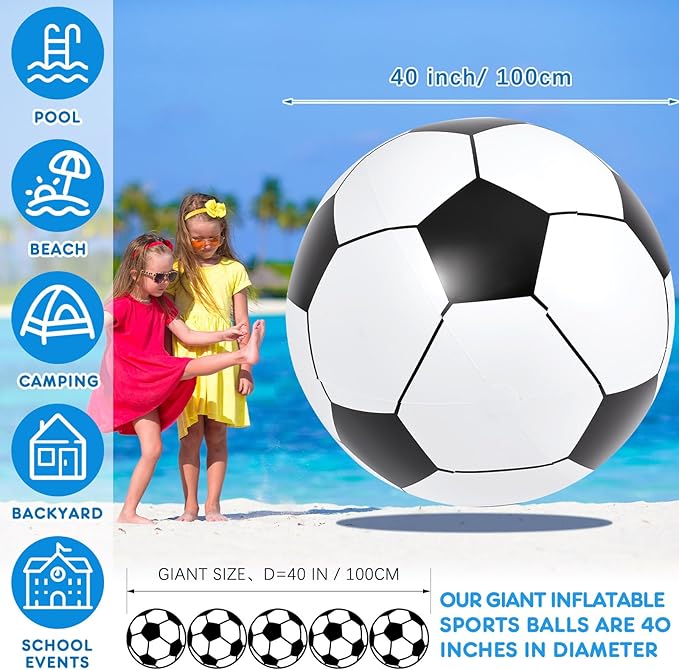 Lewtemi Giant Inflatable Sports Balls Large Inflatable Beach Ball Baseballs Soccer Rainbow Basketball Football for Sport Birthday Party Favor(2 Pcs,Soccer, Basketball,40 Inch)