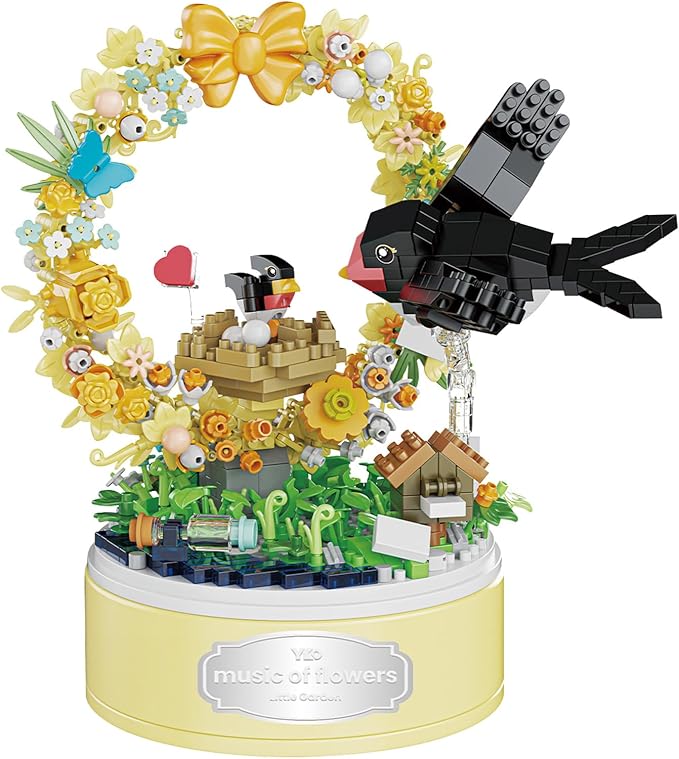 DIY Garden Toy Kit for Kids, Bird-Shaped Flower Building Set, Educational STEM Gift for Girls Boys Age 8+, Rotating Music Box Craft, Birthday Present Home Decor (Yellow