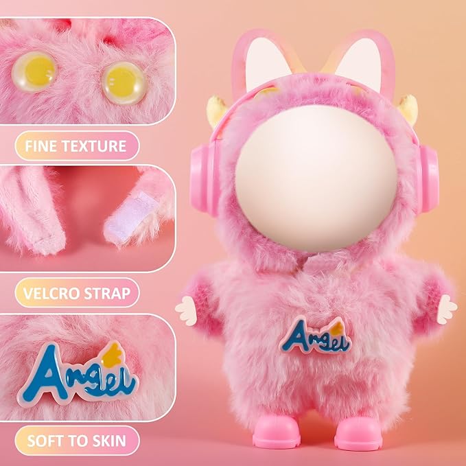17cm Doll Clothes Set for Labubu Dress Up,Cute Outfit ,4 Piece Hat Overalls Headphones Shoes Dolls Clothing Accessories(NO Doll) (Pink)