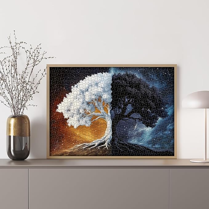 PICKFORU Tree of Life Puzzles for Adults 1000 Pieces, Fantasy Plant Black and White Puzzle, Nature Starry Night Galaxy Yingyang Jigsaw Puzzle Challenge