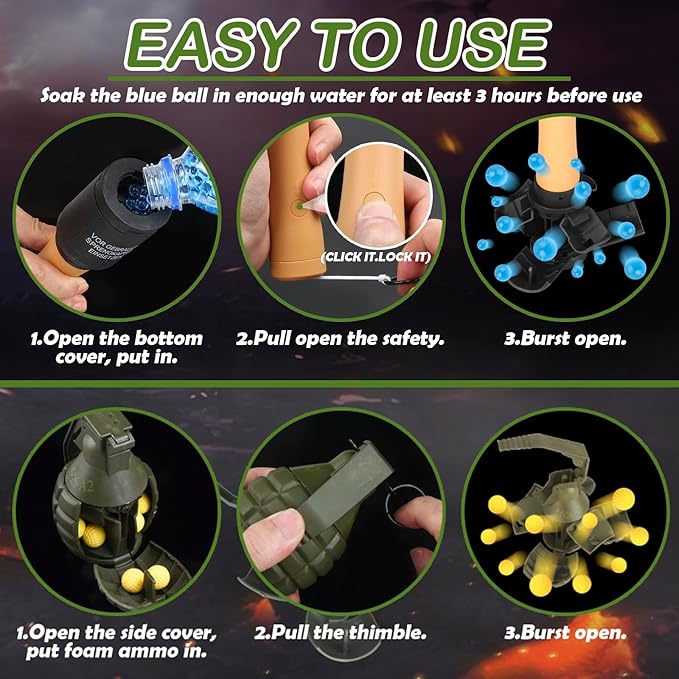 Tactical Toy-Grenade for CS Battle Game,8Pcs Fall Resistant Refillable Fun Impact,Hand Fake Grenade Toy with 100 Foam Ammo for 14+ Outdoor Sport