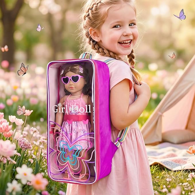 Ecore Fun 18 Inch Doll Carrier Backpack, 7Pcs Travel Doll Clear Display Storge Bag with Doll Clothe and Accessories for Take Doll Out, Girl Birthday Gift