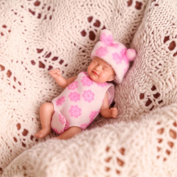 BABESIDE Mini Silicone Baby Dolls, 3 Inch Realistic Newborn Baby Dolls Full Silicone Sleeping Little Mini Real Life Baby Girl Miniature Baby with Playset Accessories(Pink)