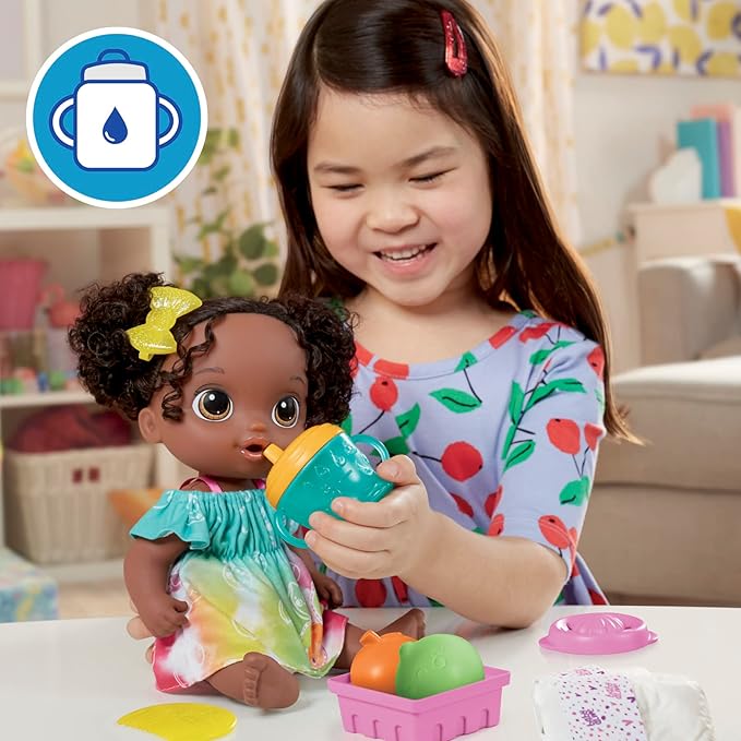 Baby Alive Fruity Sips Doll, Lime, Toys for 3 Year Old Girls, 12-inch Baby Doll Set, Drinks & Wets, Pretend Juicer, Kids 3 and Up, Black Hair