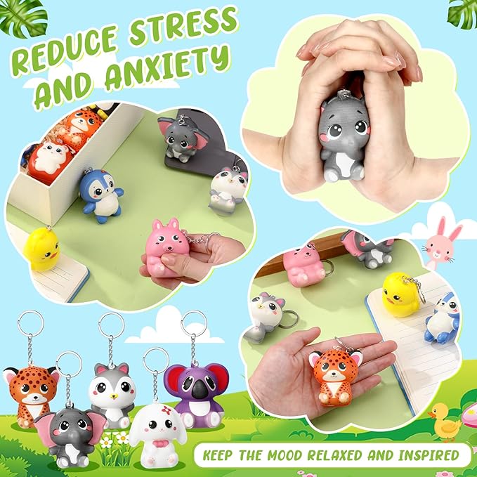 24 Pcs Animal Squeeze Stress Ball Keychains Party Favors Cute Stress Relief Toy Keychain Goodie Bag Stuffers for Teacher Student Team Employee Coworker Birthday Gifts