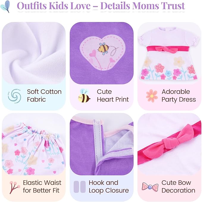 BABESIDE 6 Pcs Reborn Baby Doll Clothes Set – Fits 17-22 Inch Dolls, Soft Cotton Outfits & Reborn Baby Doll Accessories for Pretend Play and Gift for Girls