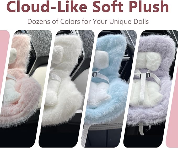 Doll Car Seat for 3–8 inch Figures, Fits Character Plushes, Blind Box Dolls & Vinyl Collectibles, Includes Air Vent Clip & Desktop Stand, Cute Car Ornament for Collectors (Purple)