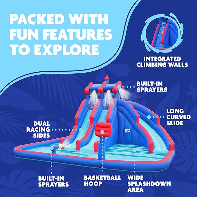 Sunny & Fun Mega Sport Inflatable Water Triple Slide Park – Heavy-Duty for Outdoor Fun - Climbing Wall, 3 Slides & Splash Pool – Easy to Set Up & Inflate with Included Air Pump & Carrying Case
