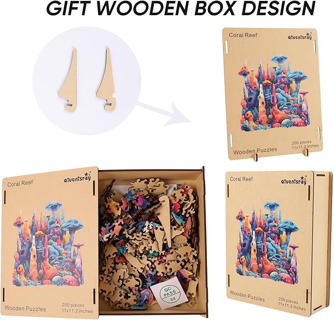 Qiuenisray Wooden Puzzles for Adults, Coral Ocean Jigsaw Puzzles 200 Pieces, FSC Certified Beautiful Wall Decor Puzzles, Unique Animal Shape Puzzle, Creative Gift for Adults Family Game 11 x 11.2 in