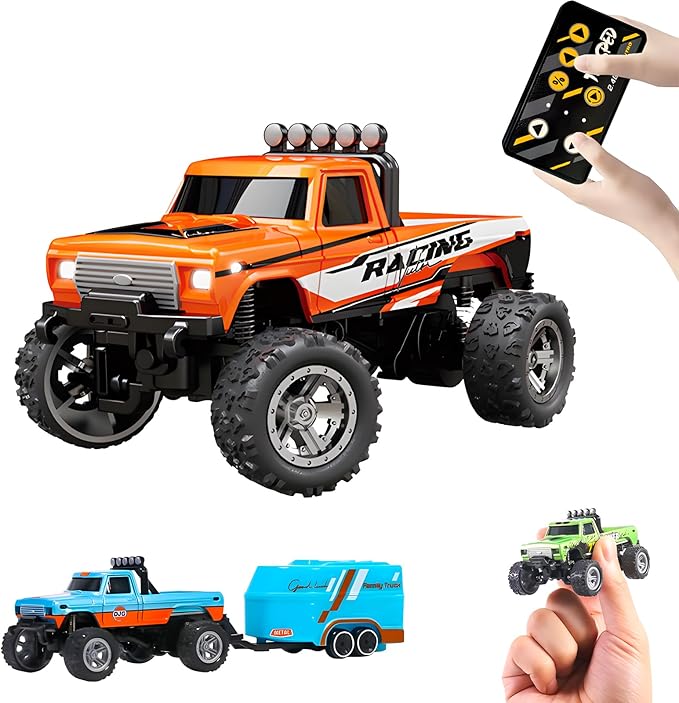 Mini Monster Truck, 1:64 Scale Remote Control Car with Lights, 2.4GHz Off-Road RC Truck, USB Rechargeable RC Car with Adjustable Speed for Kids Indoor & Outdoor Racing (Orange)
