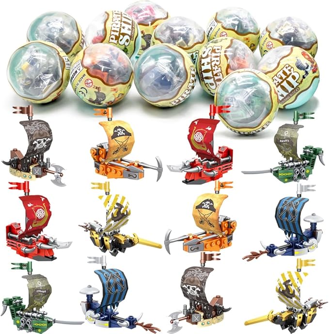 UMEELR 12 Pcs Prefilled Easter Eggs with Ship Building Blocks for Kids, Boys Girls Easter Party Surprise Pirate Ship Blocks Toys in Basket Filler, Basket Stuffers