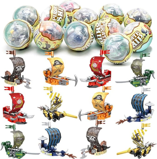 UMEELR 12 Pcs Prefilled Easter Eggs with Ship Building Blocks for Kids, Boys Girls Easter Party Surprise Pirate Ship Blocks Toys in Basket Filler, Basket Stuffers