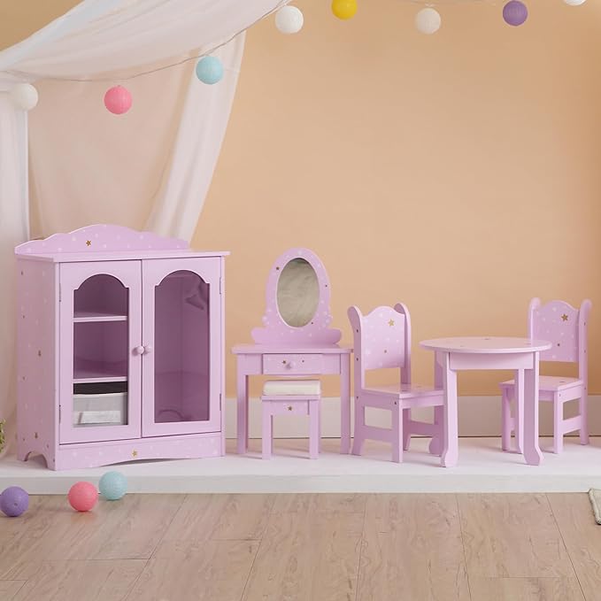 Olivia's Little World Twinkle Stars 18" Doll Closet with 3 Hangers, Shelves, & Canvas Bin, Doll Closet Storage for Accessories & Clothes, Purple