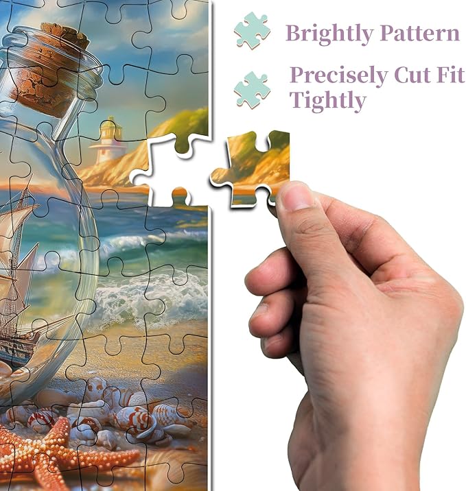 Beach Puzzles for Adults 1000 Pieces, Seashells Jar Sailboat Art Jigsaw Puzzles, Summer Ocean Starfish Puzzle as Home Wall Art